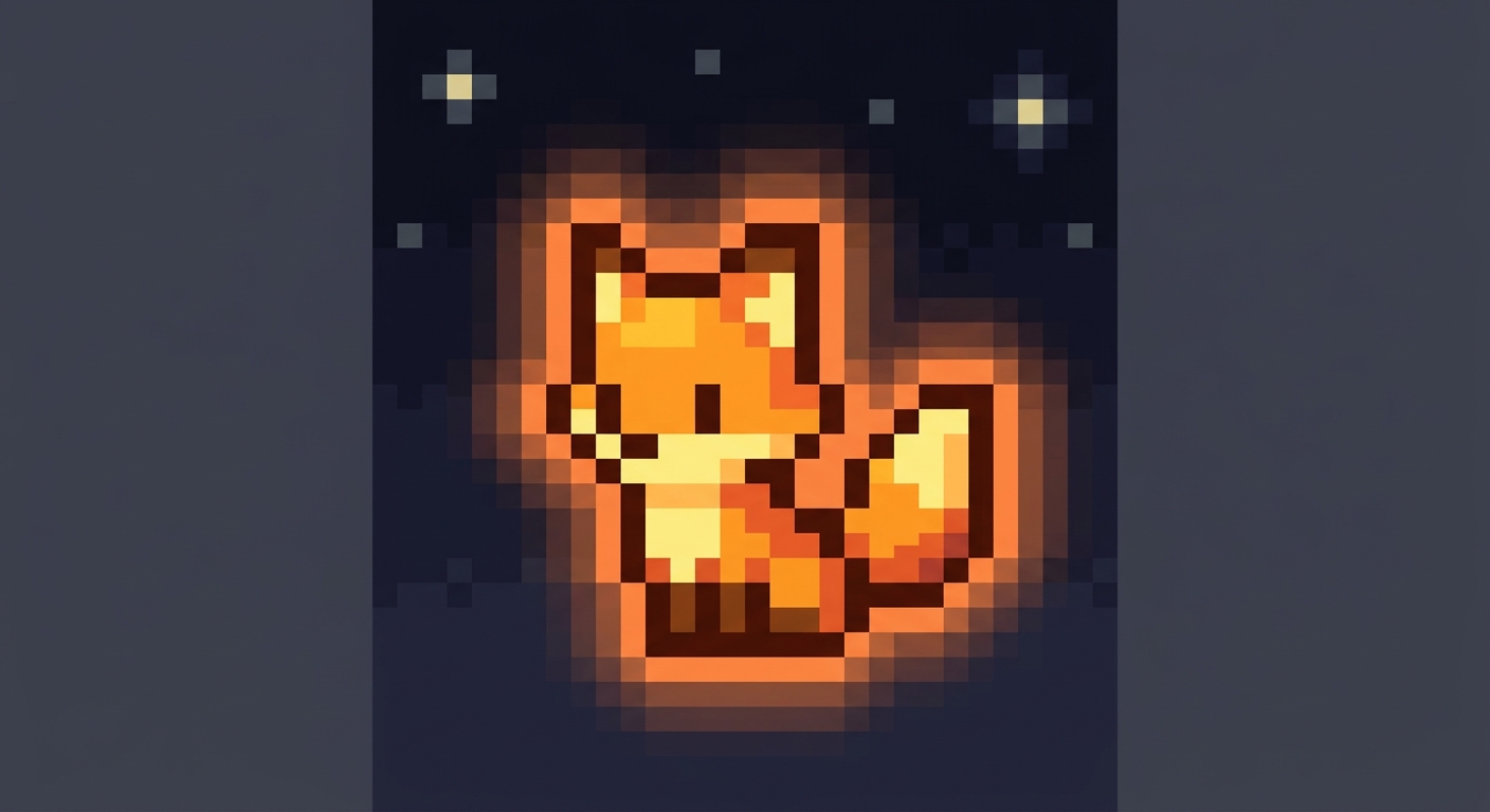 A pixel-art fox sitting inside a glowing lantern, small stars in the dark sky behind it.